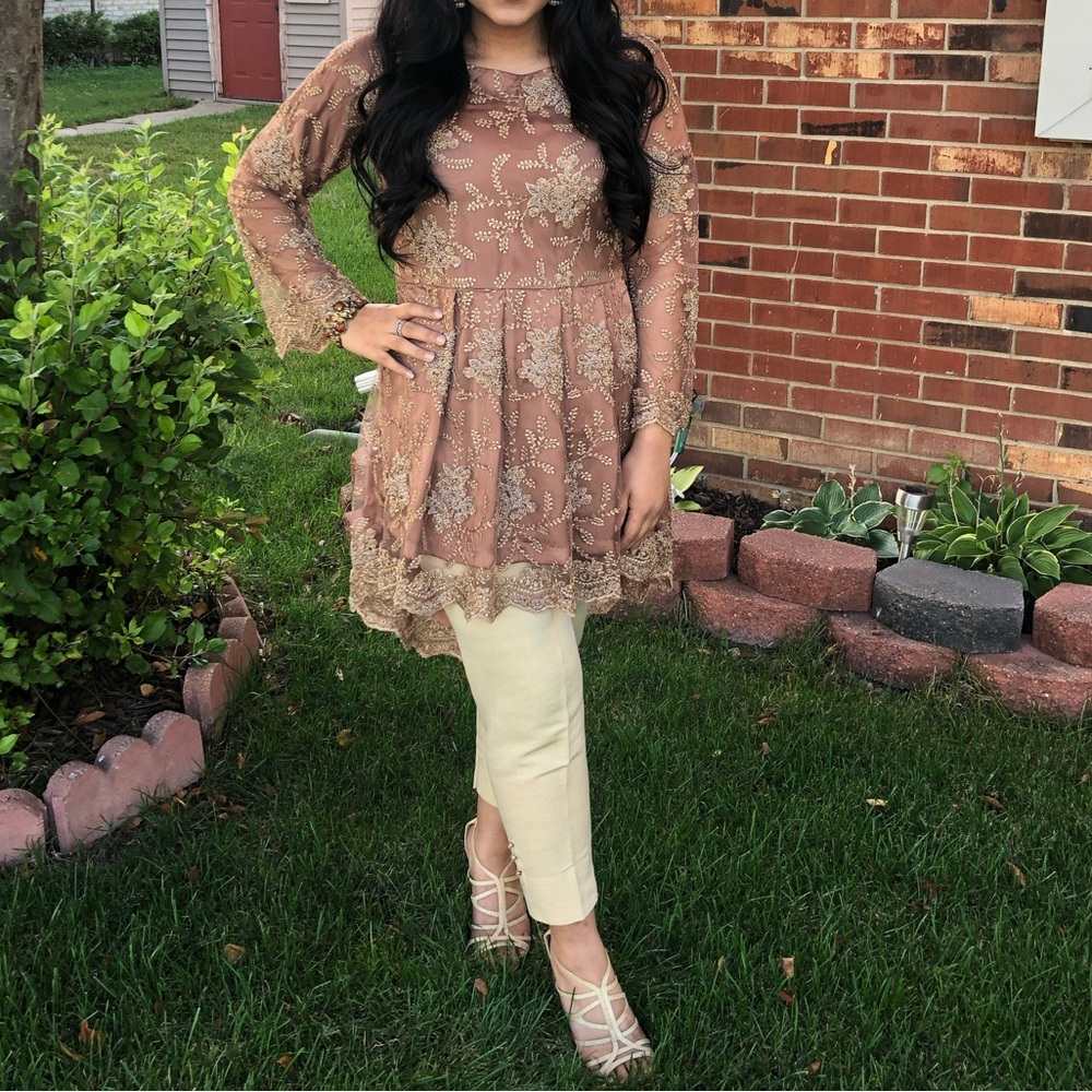 Elegant Brown Embroidered Pakistani Peplum dress